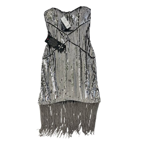 Bebe Uptown Strapless Sequin Fringe Dress Silver Gunmetal Cocktail S NWT $206 - Picture 4 of 15